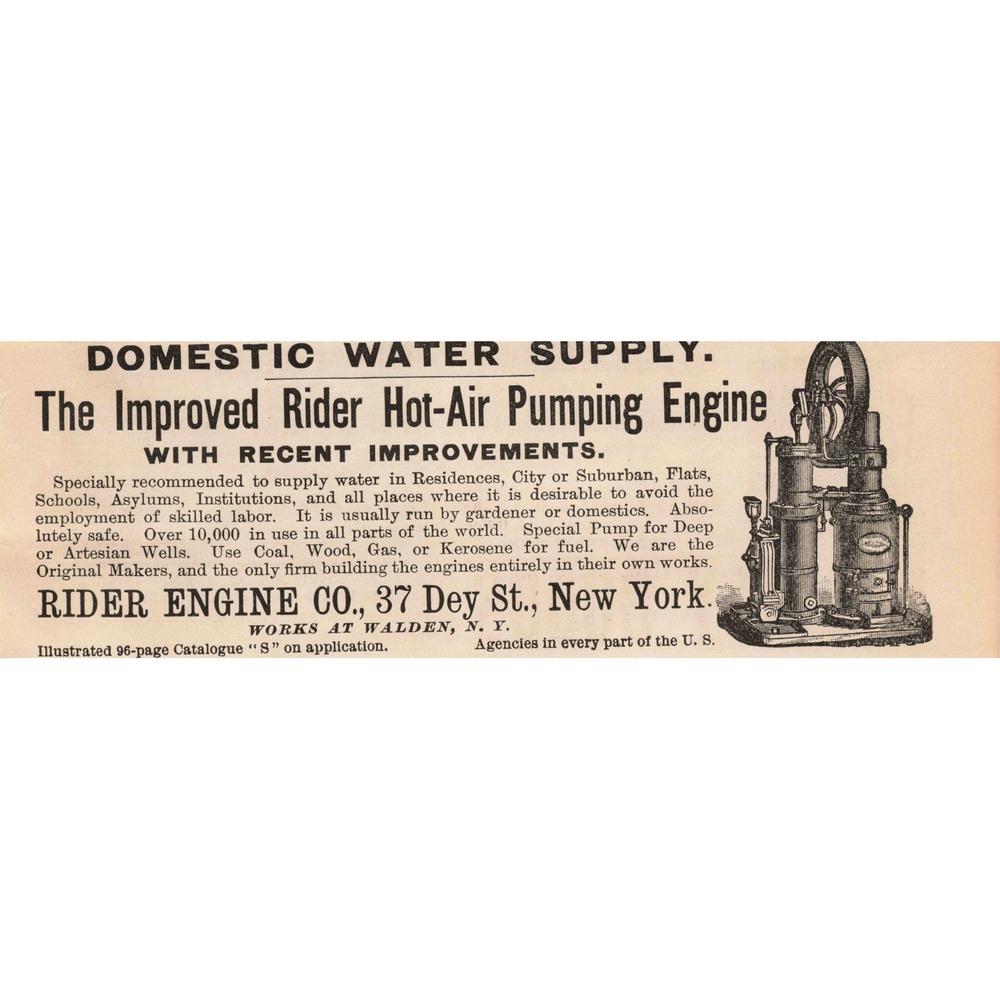 1891 Rider Engine Co Improved Hot Air Pumping Engine Print‎ Ad Water Supply